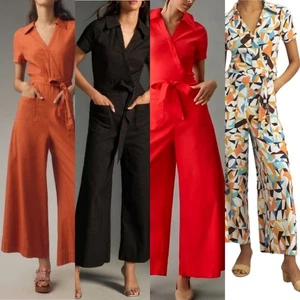 RARE $188 NWT Anthropologie Maeve 8 Colette Wrap Culotte Jumpsuit Belt Wide Leg - Picture 1 of 11