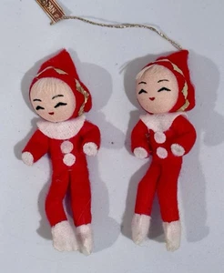 2 Vintage 50er Nylon Gesicht Filz Pixie Elfe Weihnachten Draht Einweg Japan rot Knie Umarmung - Bild 1 von 8
