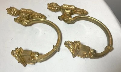 antique ornate Victorian gold dore bronze curtain rod holder tiebacks brackets - Image 1 of 4