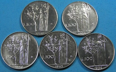 Italy Lot of 5 Coins 100 Lire 1962 to 1979 Diff Dates, Minerva, Combined S/H - Image 1 of 2