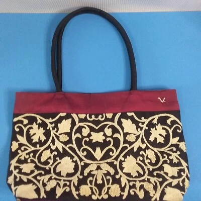 Claire V Black Burgundy Taupe Embroidered & Beaded Silk Shoulder Bag - Image 1 of 2