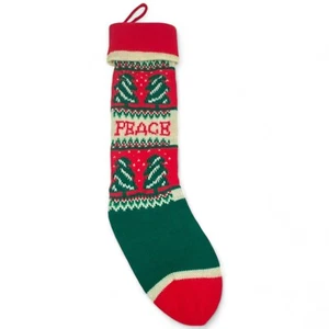 Vintage Knitted Christmas Stocking Green Red Christmas trees 20" Tall - Picture 1 of 5