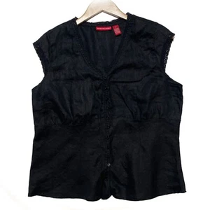 Gloria Vanderbilt Black Cap Sleeve Pure Linen Blouse L Lace-Trim Button-up Top - Picture 1 of 4