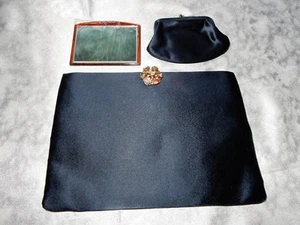 VINTAGE COBLENTZ FRANKREICH SCHWARZ SATIN CLUTCH ABENDHANDTASCHE mit SPIEGEL WECHSELGELDBÖRSE - Bild 1 von 4
