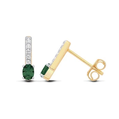 9ct Yellow Gold on Silver simulated EMERALD & Cz Solitaire Drop Stud Earrings - Image 1 of 4