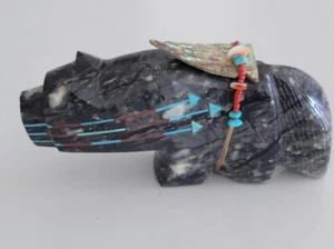 Carlton Laiwakete Large Black Bear Zuni Fetish Triple Heartlines Carving - Picture 1 of 7