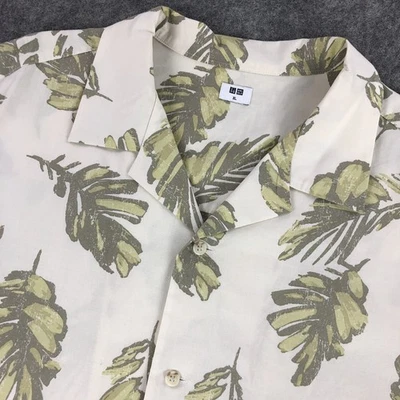 Uniqlo Button Up Shirt Men XL Cream Green Tropical Leaf Short Sleeve Modal Blend - Image 1 of 4