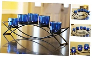 Iron Arch Table Centerpiece Decorations Long Candle Holder 5 Cup Black/Blue - Picture 1 of 5