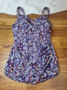 Lands' End Long Slender V-Neck Skirted One Piece Swimsuit Size 10 Purple Paisley - Picture 1 of 3
