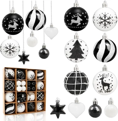 38 Pcs Christmas Baubles, Black and White Shatterproof Xmas Baubles Christmas... - Image 1 of 4