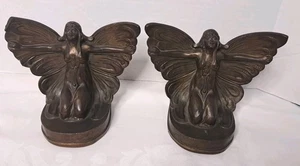 Antik Jugendstil Deko Geflügelte Jungfrauen Schmetterling Mädchen Flapper Bronziert Buchstützen - Bild 1 von 15