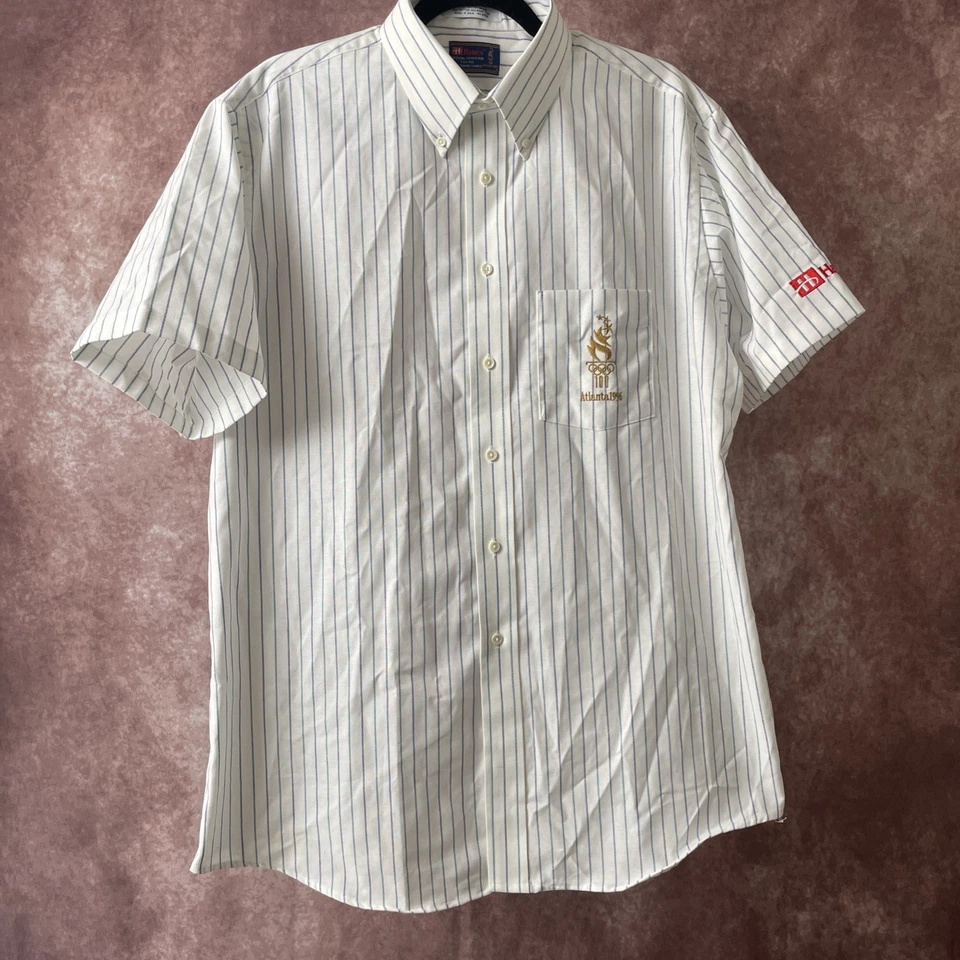 Camisa de hombre vintage nueva sin etiquetas Atlanta Olympic 1996 Hanes pin rayas abotonadas 16 1/2 Foto 1 de 4