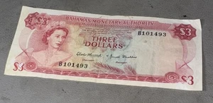 BAHAMAS $3 Dollars 1965, P-19a Bahamas Government,  Choice UNC, QEII Note - Picture 1 of 2