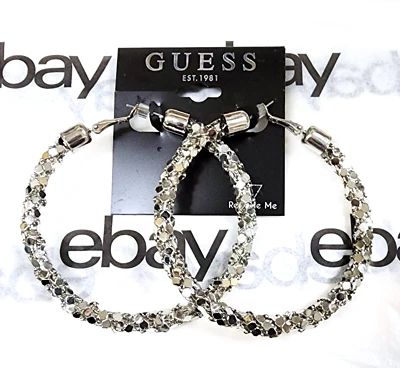 Nuovo Guess Color Argento Lucido Rete Sparks Orecchini a Cerchio - Immagine 1 di 4
