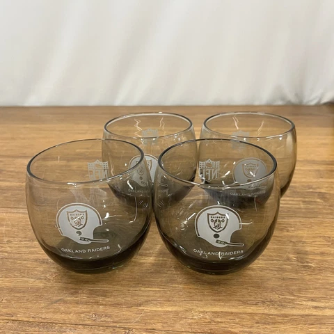 4- Vtg 70's Oakland Raiders NFL Smoked Glass Whiskey Glass Tumbler Roly Poly Cover