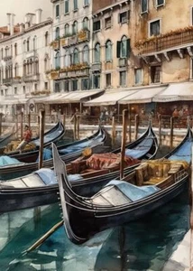 Venedig Italien Aquarell Gemälde Gondeln Romantisch Wandbild Druck Bild  - Bild 1 von 6