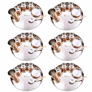 Traditional Dinnerware Stainless Steel Copper Dinner Thali Set 42 Pcs Set of 6 - Picture 1 of 6
