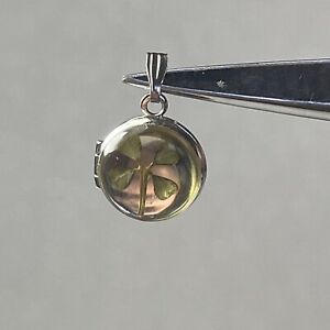 Small Round Sterling Silver 4 Leaf Clover Locket Pendant Necklace Shamrock Resin