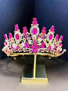Princess Flower Crown, Floral Tiara, Birthday Party Crown, Fuchsia Crystal Tiara - Picture 1 of 8