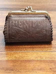 Vintage Made In Mexico Double Clasp Hand Tooled Leather Coin Purse Guadalajara - Picture 1 of 5