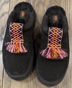 Womens UGG Australia Black Fringe Trim Platform Slipper Slides Size 9M - Picture 1 of 3