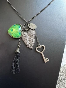 Vintage Signed Tutti Frutti Peacock Heart Key & Leaf Charms Long 27" Necklace - Picture 1 of 9