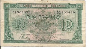 BELGIUM, 10 FRANCS, P#122, 1943 - Picture 1 of 2