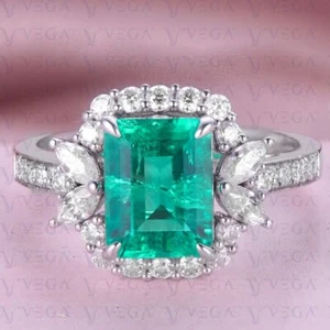5.70ct Emerald Shape Natural Emerald Gemstones Diamond Ring Real 14K White Gold - Picture 1 of 18
