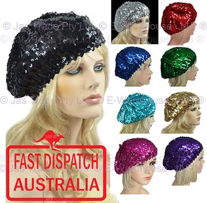 1 Ladies Girls French 70s Costume Party Dance Disco SEQUINED SEQUINS Hat BERET  - Picture 1 of 40