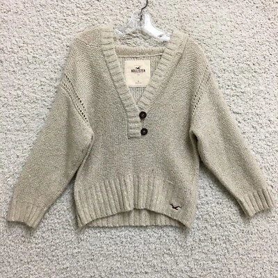 Hollister Sweater Large Adult Beige V Neck Wool Knit Hooded Pullover Womens L - Image 1 of 4