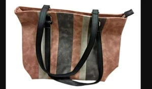 Ladies Tote Bag Faux Leather Blush Pink/ Grey Stripe Zip Pockets 36.5x27.5x10cm - Picture 1 of 2