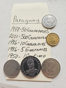 Paraguay 1988 50 Gu 2001 500 Guaranies, 1986 10 Guaranies, 1986 5 Guaranies, - Picture 1 of 2