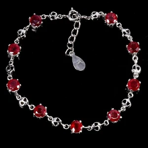 925 Sterling Silver Bracelet Round Ruby 5mm Natural Gemstone Jewelry 7inches - Picture 1 of 14