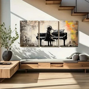 Arte de pared vintage de niña tocando piano lienzo sin marco/enmarcado 3 piezas - Imagen 1 de 9