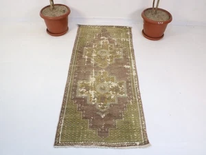 Alfombra turca vintage 2,6 x 5,8 pies - Alfombra Oushak tejida a mano marrón verde - Imagen 1 de 10