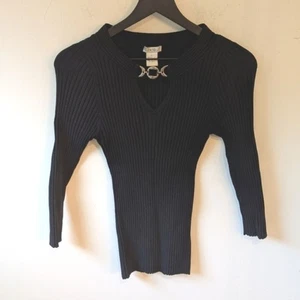 VTG 90s y2k Cache Women's Black Ribbed Silk Stretch Shirt Silver Detail Large - Picture 1 of 5