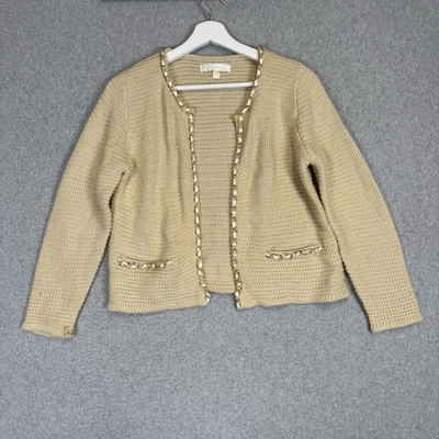 Cárdigan suéter tejido acrílico tostado adorno dorado Lumiere talla pequeña para mujer Foto 1 de 4