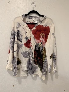 Citron Santa Monica 100% Silk Blouse Top XL Floral Butterfly Artsy Ivory Red - Picture 1 of 8