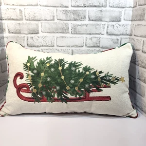 Christmas Holiday Tapestry Tree on Sled Pillow Home Decoration 13x23" - Picture 1 of 10