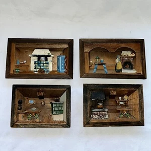 4 Vintage Kitchen Diorama Italian Wood Shadow Boxes 3D Rustic Folk Art Read Info - Foto 1 di 10