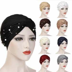 Women's Turban Hat Beaded Pearls Muslim Wrap Cover Chemo Cap Elastic Bandanna - Picture 1 of 21