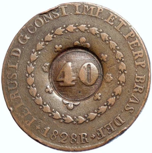 1828 R BRAZIL King Dom Pedro I Old Counter Stamped 40 over 80 Reis Coin i113270 - Picture 1 of 3