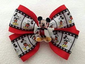 Girls Hair Bow 4" Wide Mickey Mouse Ribbon Red Flatback French Barrette - Picture 1 of 2