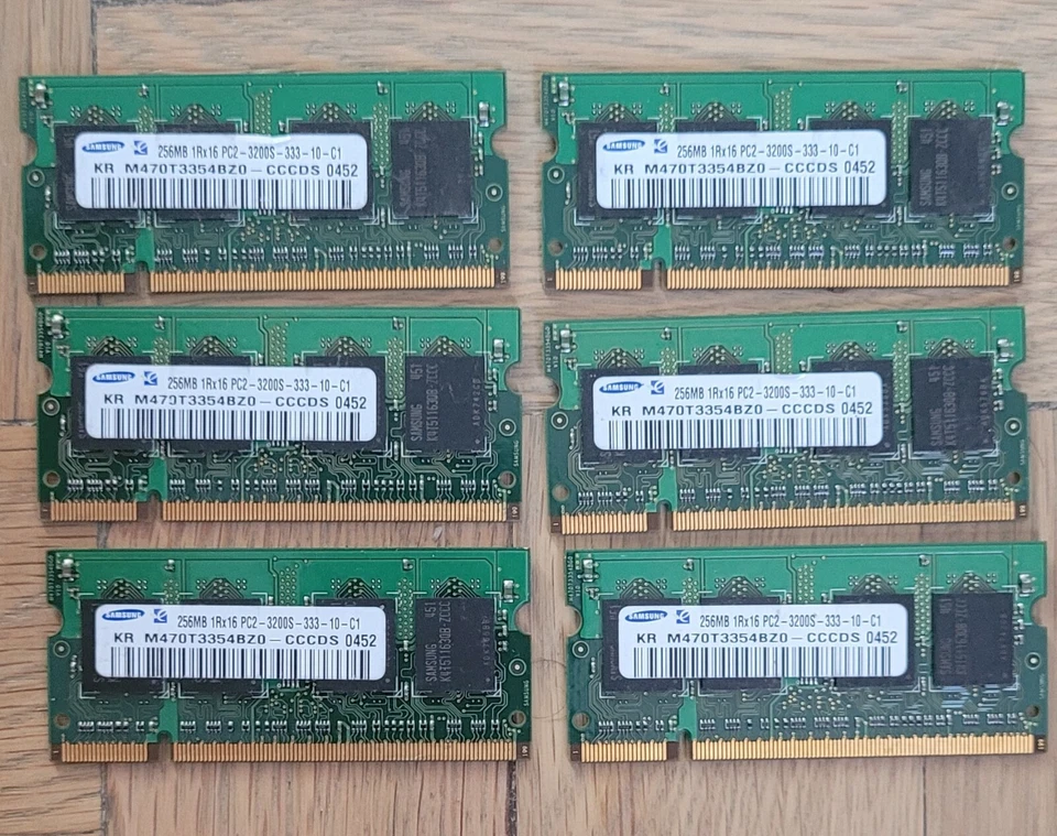 Lot of 6 SAMSUNG 256MB LAPTOP MEMORY 1RX16 PC2-3200S M470T3354BZ0-CCCDS - Image 1 of 1