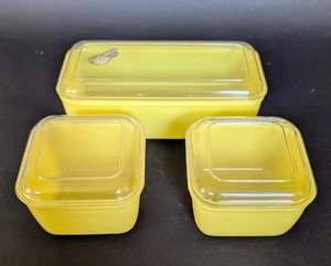 Set of 3 VTG Lustro Ware Refrigerator Dishes Yellow W Lids Fridge Made Of Styron - Picture 1 of 16
