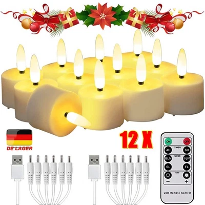 12×Wiederaufladbar Flacker LED Teelichter LED Kerzen Fernbedienung Dimmbar Timer - Bild 1 von 4