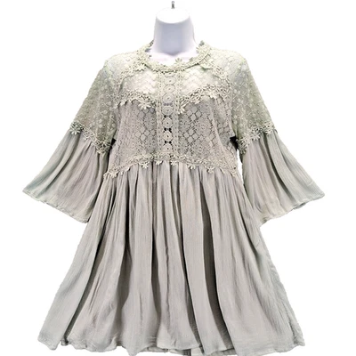 Umgee Mujer Verde Salvia Crochet Encaje Crepé Bebé Muñeca Vestido Manga Acampanada Talla M Foto 1 de 4