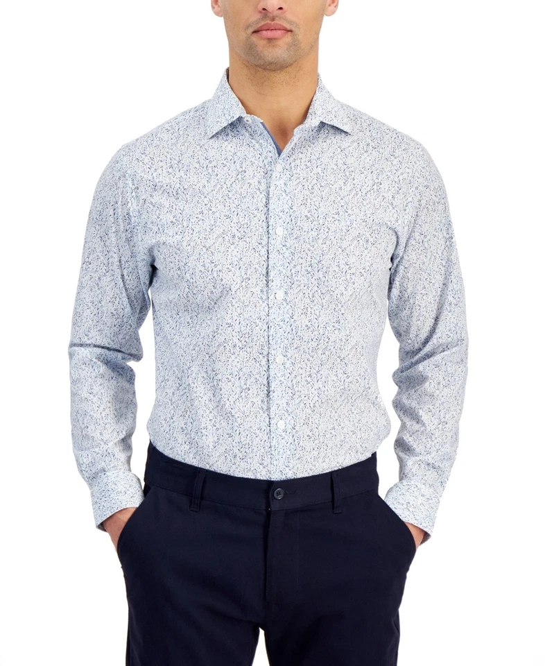 Bar Iii Mens Slim fit Dress Shirt Small 14-14.5 Long Sleeve White Blue Floral - Image 1 of 1