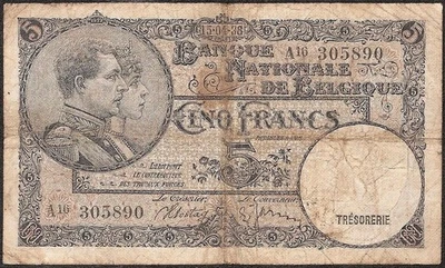 BELGIUM  5 Francs  1938  P:108  F - Image 1 of 2
