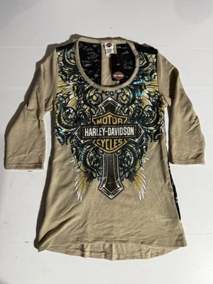 Harley Davidson Cristales Alas Damas Bling Manga Larga Mediana Beige EE. UU. NUEVO Foto 1 de 4